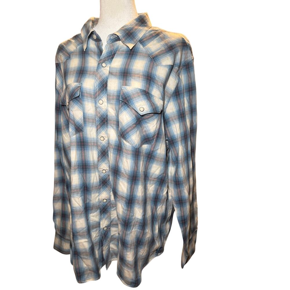 American Eagle Vintage Fit Plaid Pearl Snap Western Shirt, Blue Cotton, Men 2XL